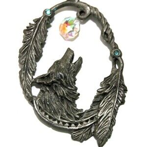 Howling Wolf  Metal Sun Catcher Crystals Rustic Hanging Window Mirror Decor 4"